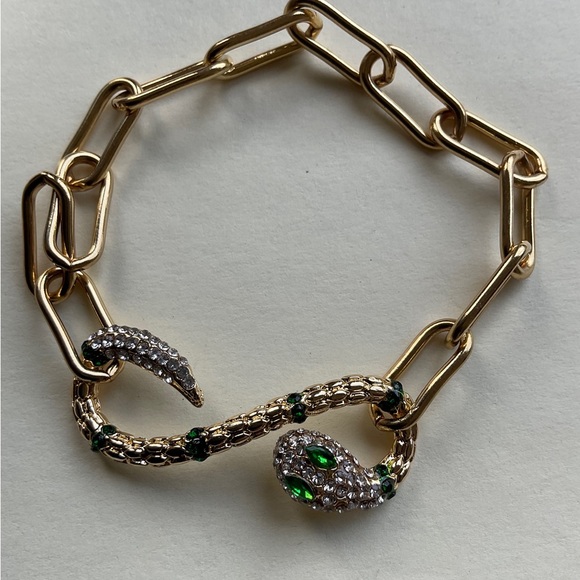Snake Clasp paper Clip Chain Bracelet Green Eyes Rhinestone Snake. - Picture 5 of 8